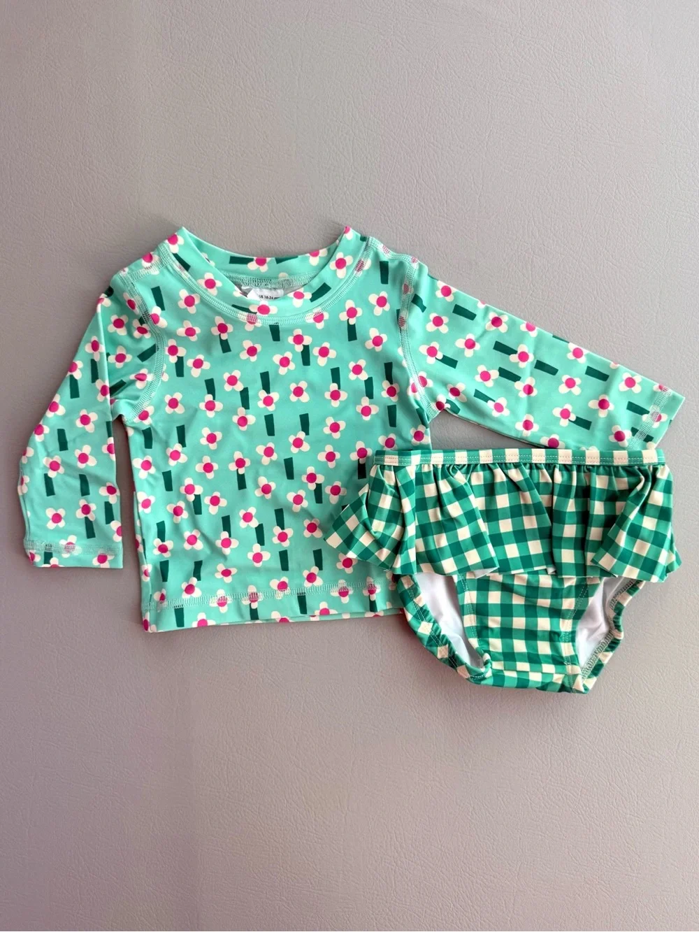 Hanna Andersson Rashguard & Skirted Bikini Bottoms Flowers on Green 18-24M NEW